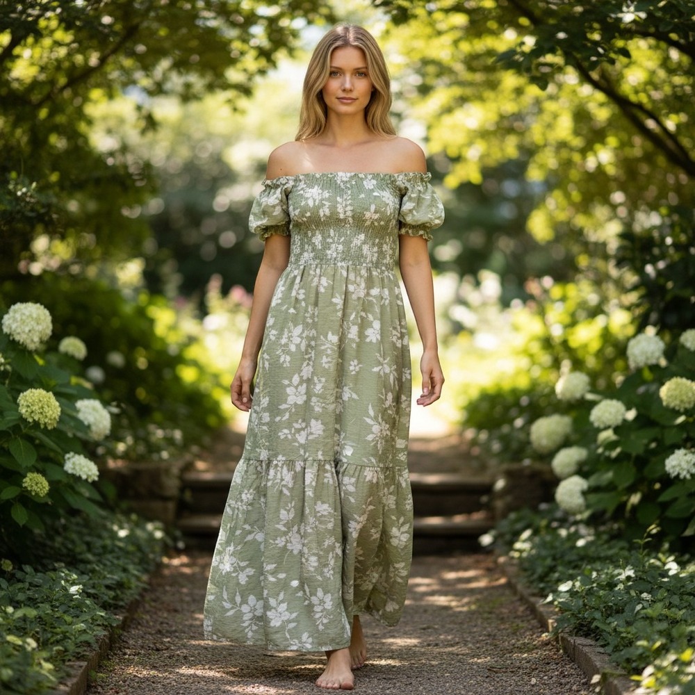 Blu Pepper Sage Green Floral Smocked Off Shoulder Tiered Maxi Dress Large